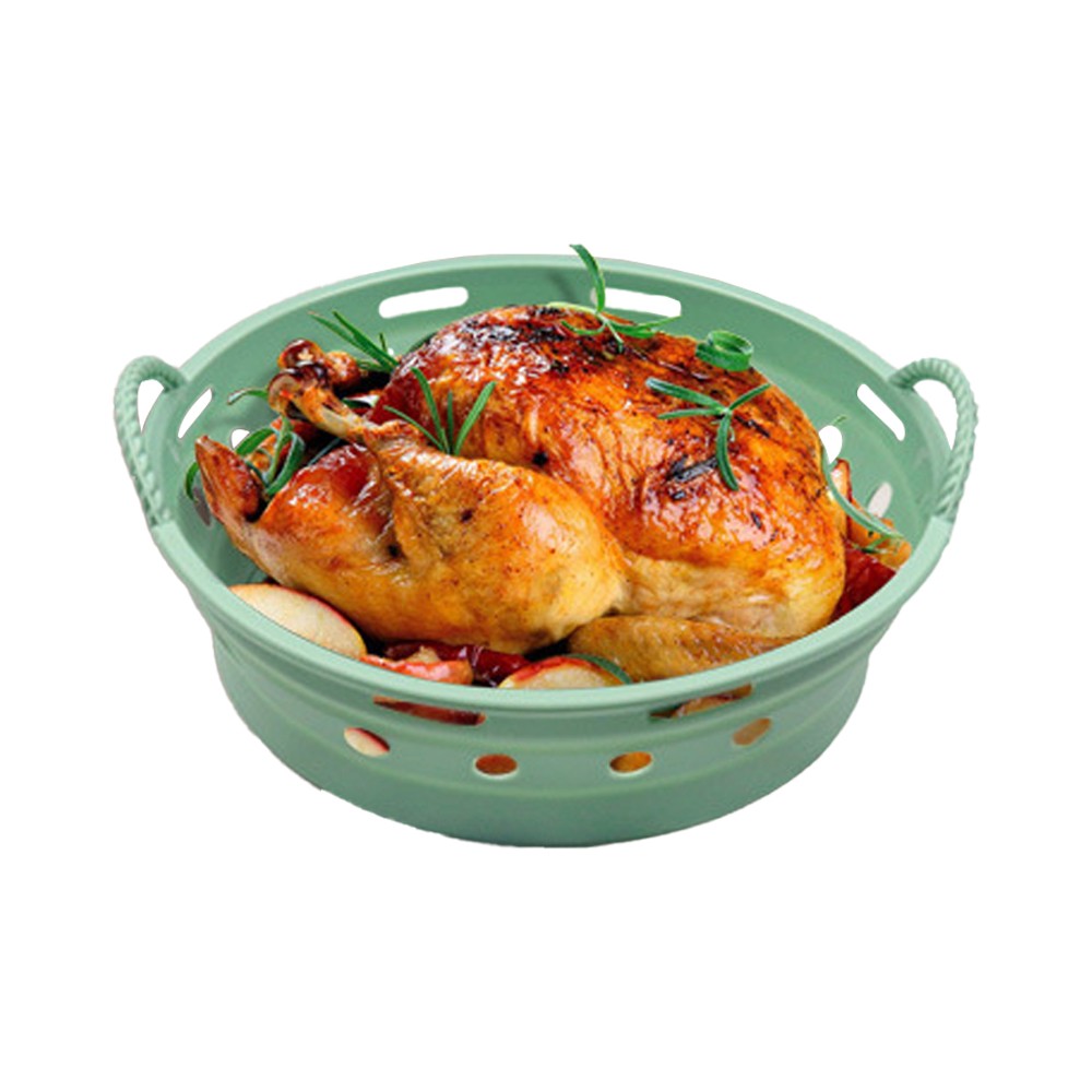 1Pc Round Foldable Air Fryer Silicone Pot Reusable Air Fryer Liner Oven Baking Tray Pan - Green