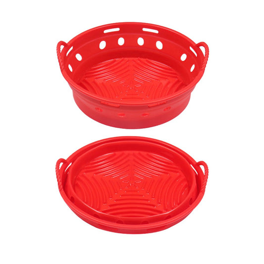 1Pc Round Foldable Air Fryer Silicone Pot Reusable Air Fryer Liner Oven Baking Tray Pan - Red