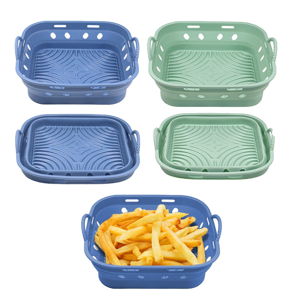 2Pcs Square Foldable Air Fryer Silicone Pot Reusable Air Fryer Liner Oven Baking Tray Pan - Blue+Green