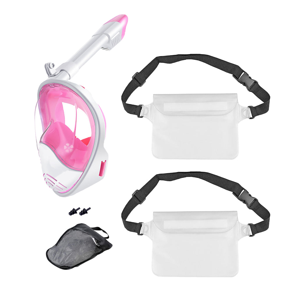 Full Face Snorkel Mask with Camera Mount  Anti-Leak Swimming Diving Mask with Waterproof Pouch Bags Pink