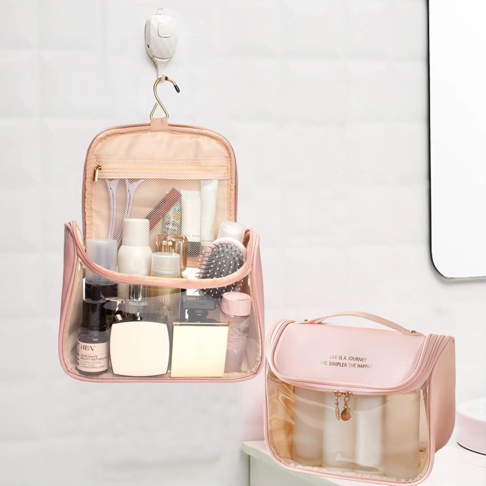 2Pcs Clear Makeup Bag Travel Toiletry Bag Cosmetic Bag with Hook - Brown+Pink