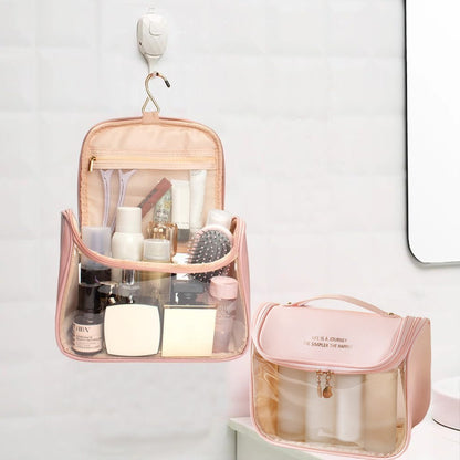 2Pcs Clear Makeup Bag Travel Toiletry Bag Cosmetic Bag with Hook - Brown+Pink
