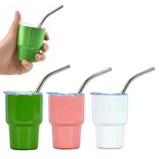 3Pcs 2oz Mini Stainless Steel Tumbler Cup with Straw and Lid for Party - Green+White+Pink