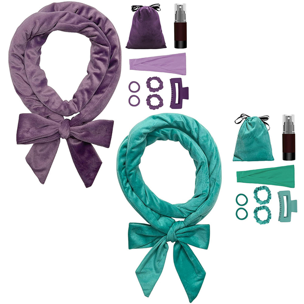 2X Heatless Hair Curling Set Heatless Hair Curler Headband Hair Tie Green Purple