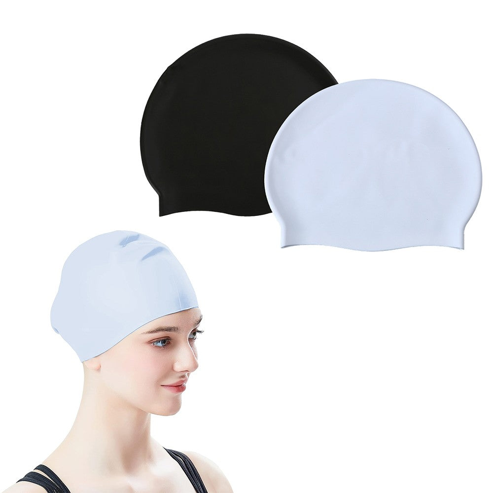 2Pcs Adult Elastic Silicone Swimming Cap Pool Cap for Long Hair - Black+White S