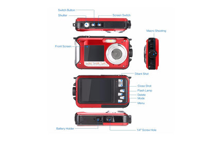 24MP Waterproof Portable Digital Underwater Camera Red