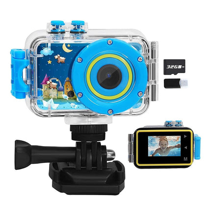 1080P HD Kids Sports Camera with Waterproof Case and 32GB Memory Card Blue