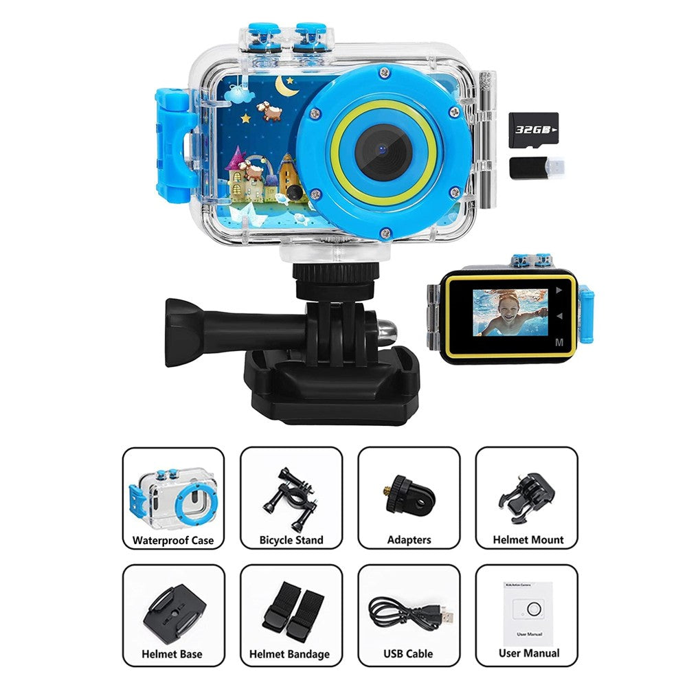 1080P HD Kids Sports Camera with Waterproof Case and 32GB Memory Card Blue
