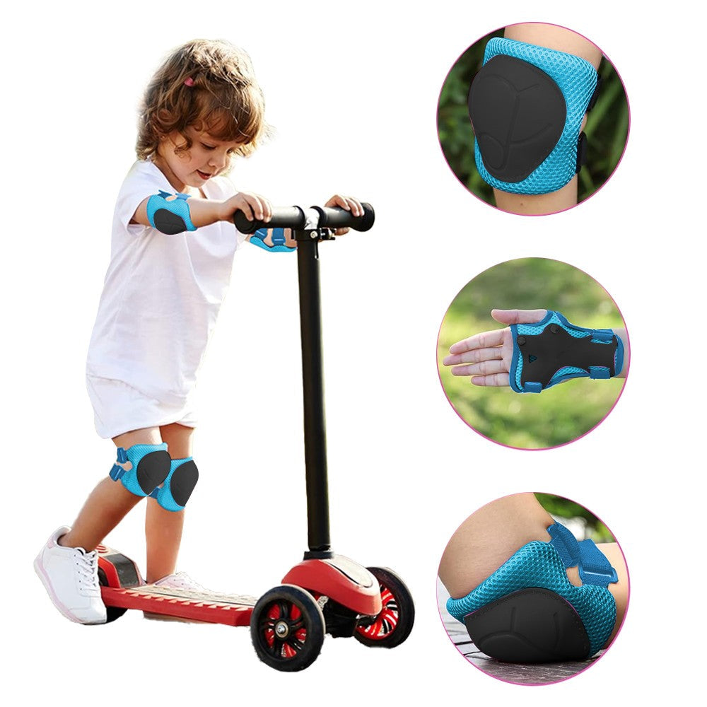 6Pcs Set Kids Protective Gear Set Knee Pads Wrist Guards Elbow Pads for Skating Cycling Rollerblading Blue