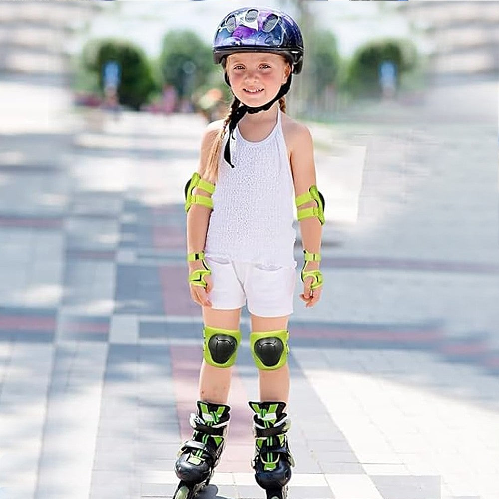 6Pcs Set Kids Protective Gear Set Knee Pads Wrist Guards Elbow Pads for Skating Cycling Rollerblading Green