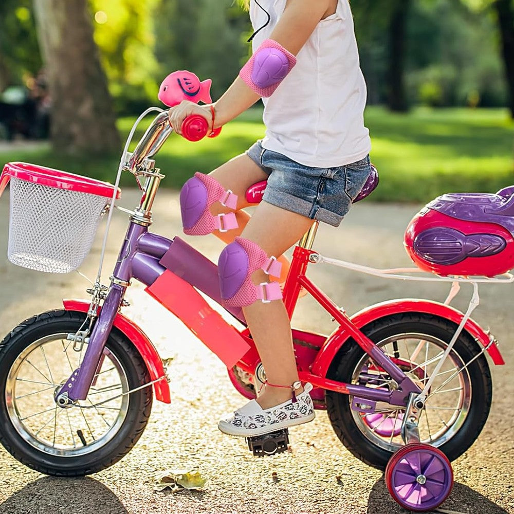 6Pcs Set Kids Protective Gear Set Knee Pads Wrist Guards Elbow Pads for Skating Cycling Rollerblading Pink