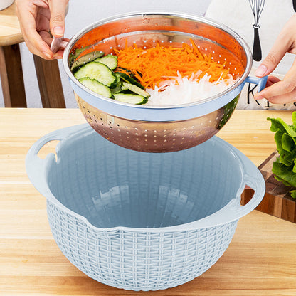 4-in-1 Rotatable Colander Drain Basket Set Kitchen Food Vegetable Washing Drain Colander Blue