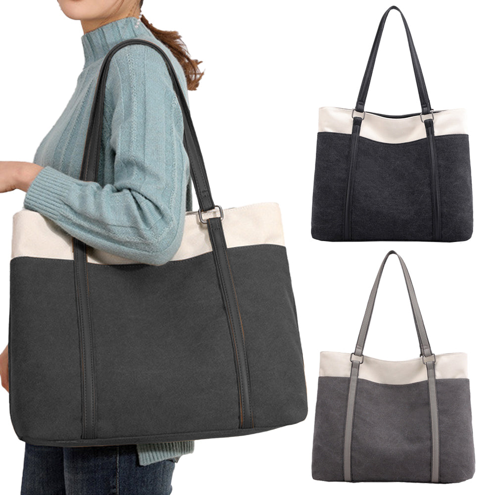 2Pcs Women Laptop Tote Bag Canvas Handbag 15.6 Inch Work Shoulder Bag-Black+Grey