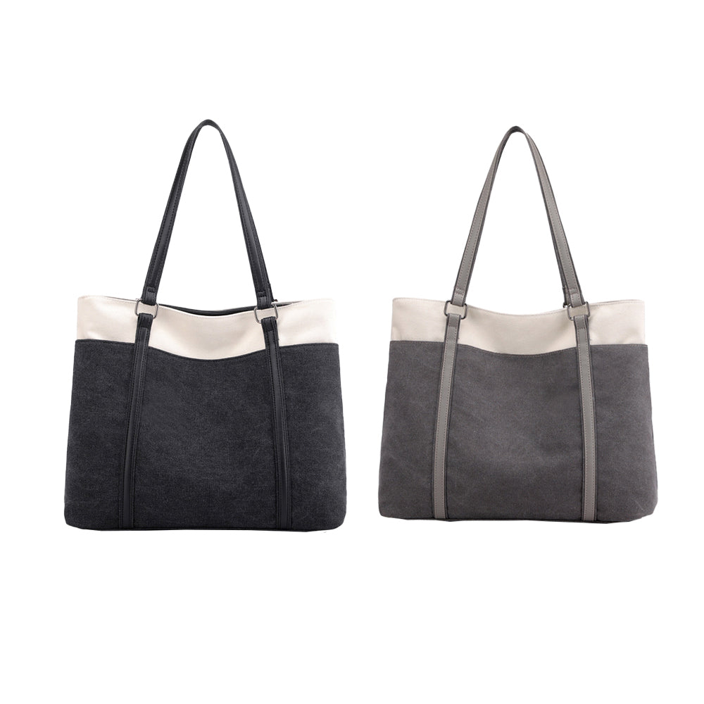 2Pcs Women Laptop Tote Bag Canvas Handbag 15.6 Inch Work Shoulder Bag-Black+Grey