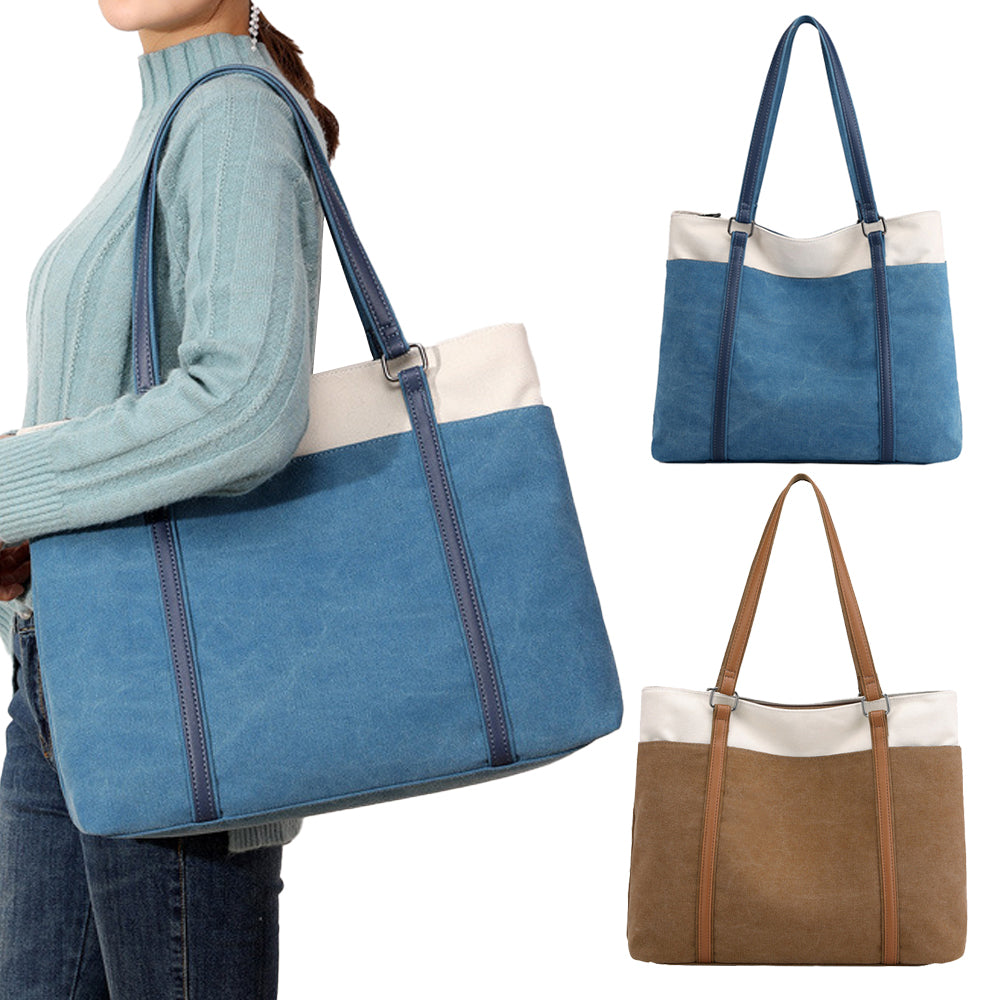 2Pcs Women Laptop Tote Bag Canvas Handbag 15.6 Inch Work Shoulder Bag-Blue+Brown