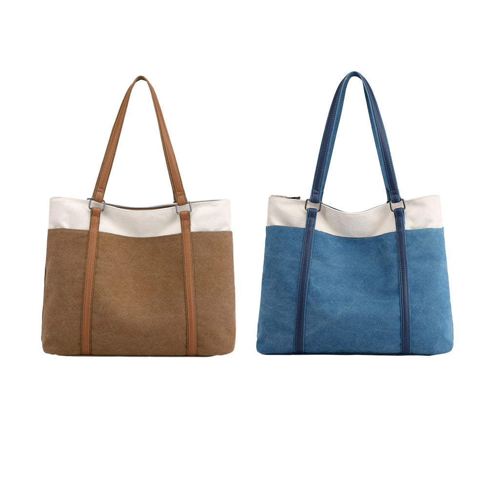2Pcs Women Laptop Tote Bag Canvas Handbag 15.6 Inch Work Shoulder Bag-Blue+Brown