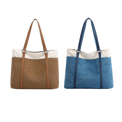 2Pcs Women Laptop Tote Bag Canvas Handbag 15.6 Inch Work Shoulder Bag-Blue+Brown