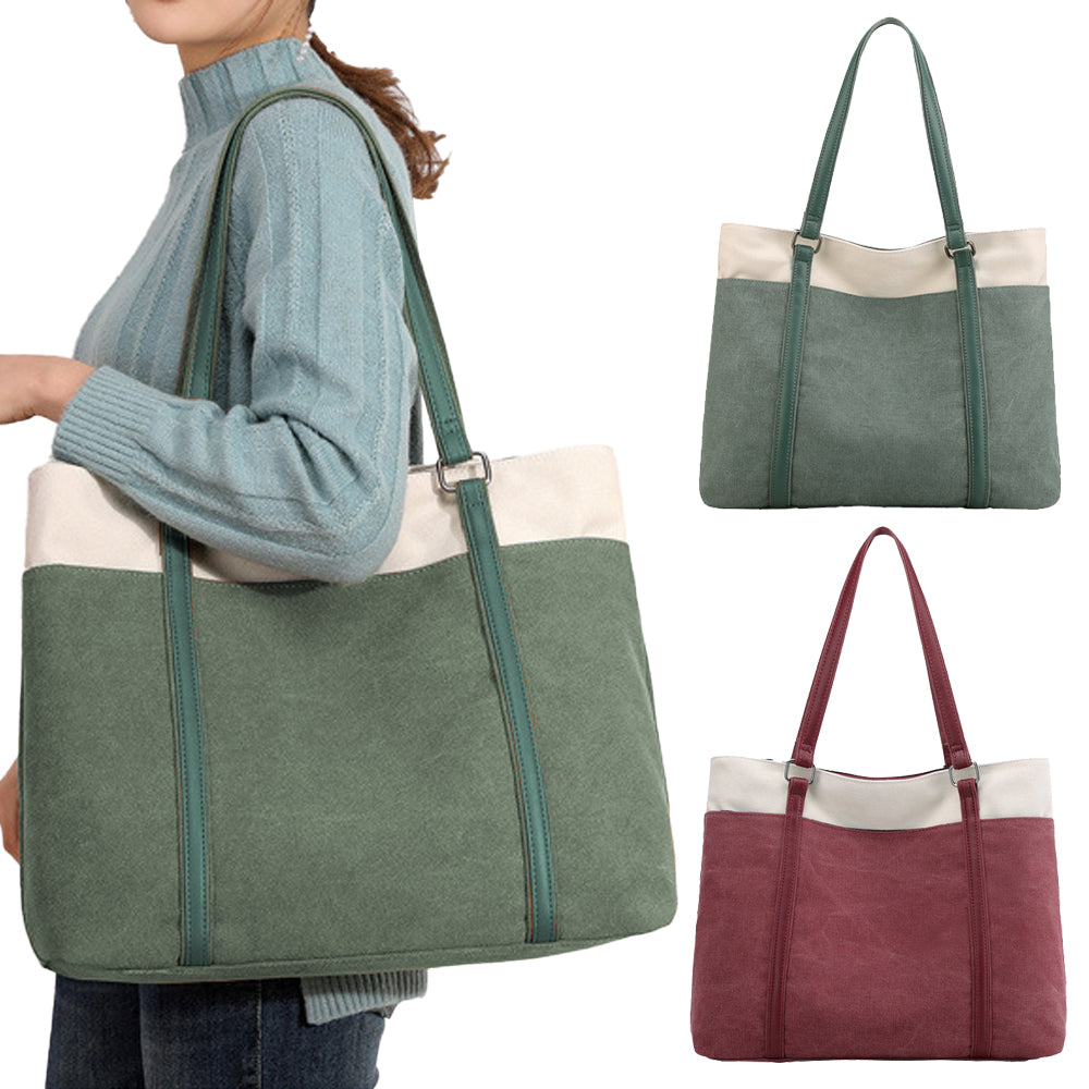 2Pcs Women Laptop Tote Bag Canvas Handbag 15.6 Inch Work Shoulder Bag-Green+Red