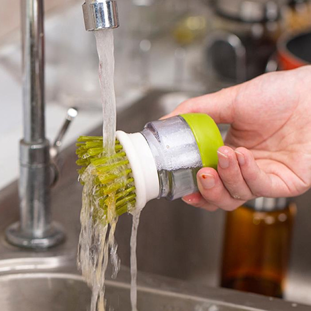 2Pcs Dish Scrub Brush with Soap Dispenser Pressing Washing Brush - Grey+Green