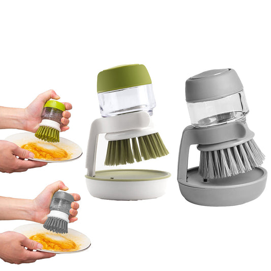 2Pcs Dish Scrub Brush with Soap Dispenser Pressing Washing Brush - Grey+Green