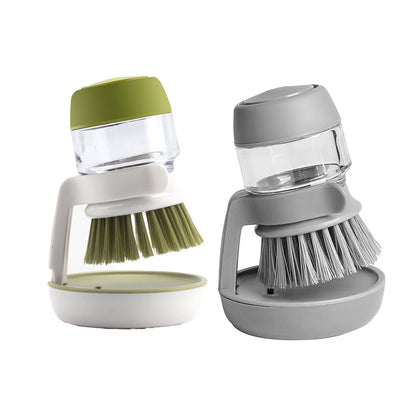 2Pcs Dish Scrub Brush with Soap Dispenser Pressing Washing Brush - Grey+Green