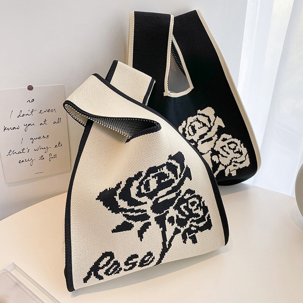 2Pcs Crochet Tote Bag Small Cute Knot Knitted Wrist Bag Rose