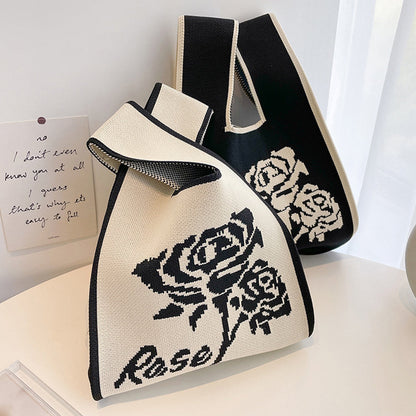 2Pcs Crochet Tote Bag Small Cute Knot Knitted Wrist Bag Rose