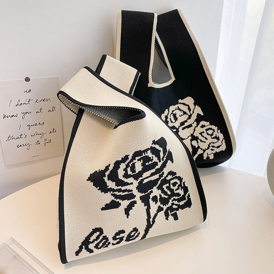 2Pcs Crochet Tote Bag Small Cute Knot Knitted Wrist Bag Rose