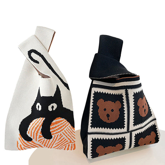 2Pcs Crochet Tote Bag Small Cute Knot Knitted Wrist Bag Cat Bear