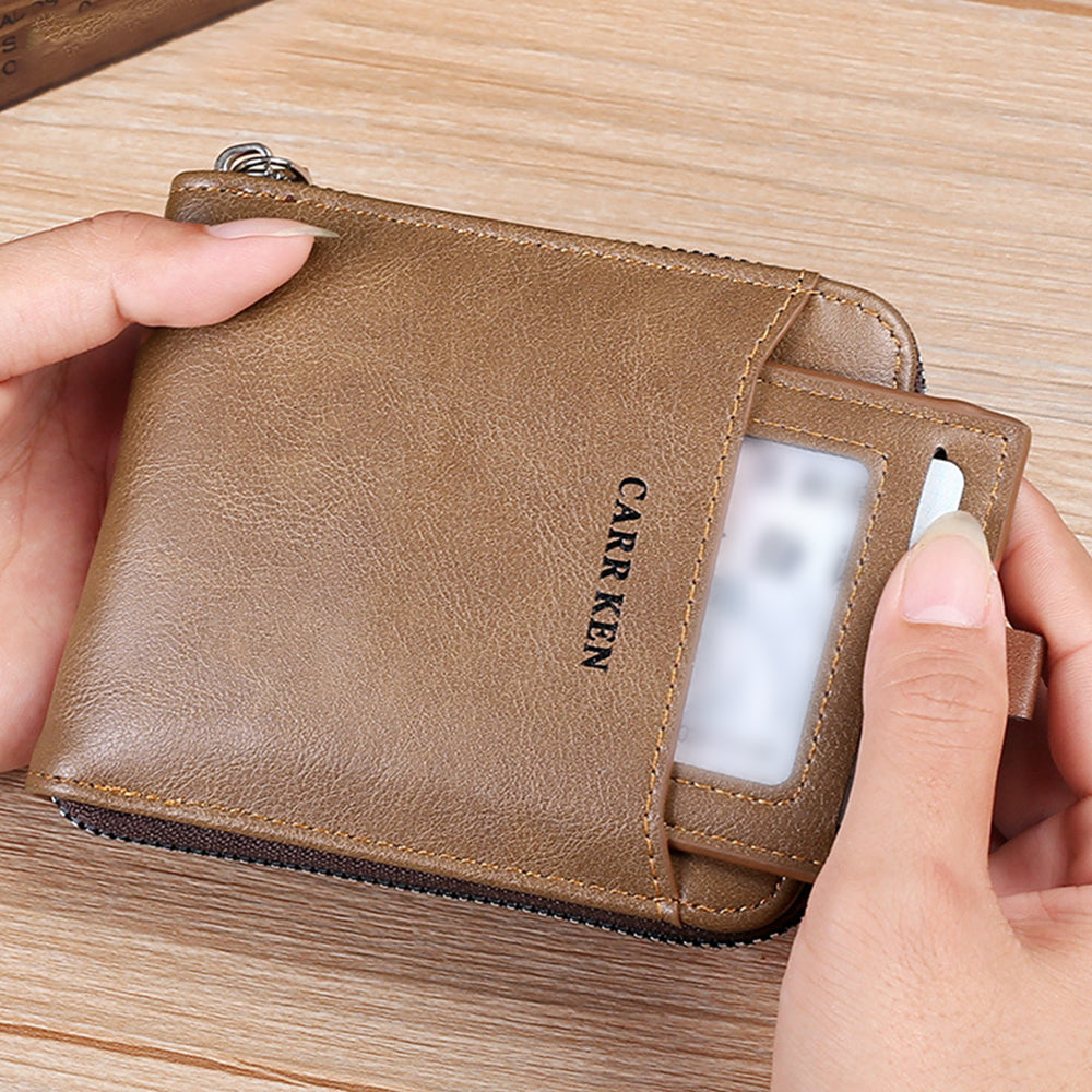 2Pcs Men PU Bifold Zip Around Wallet Credit Card ID Holder Brown+Black