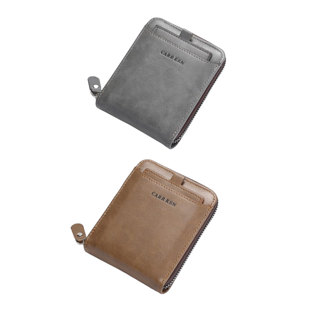 2Pcs Men PU Bifold Zip Around Wallet Credit Card ID Holder Brown+Grey