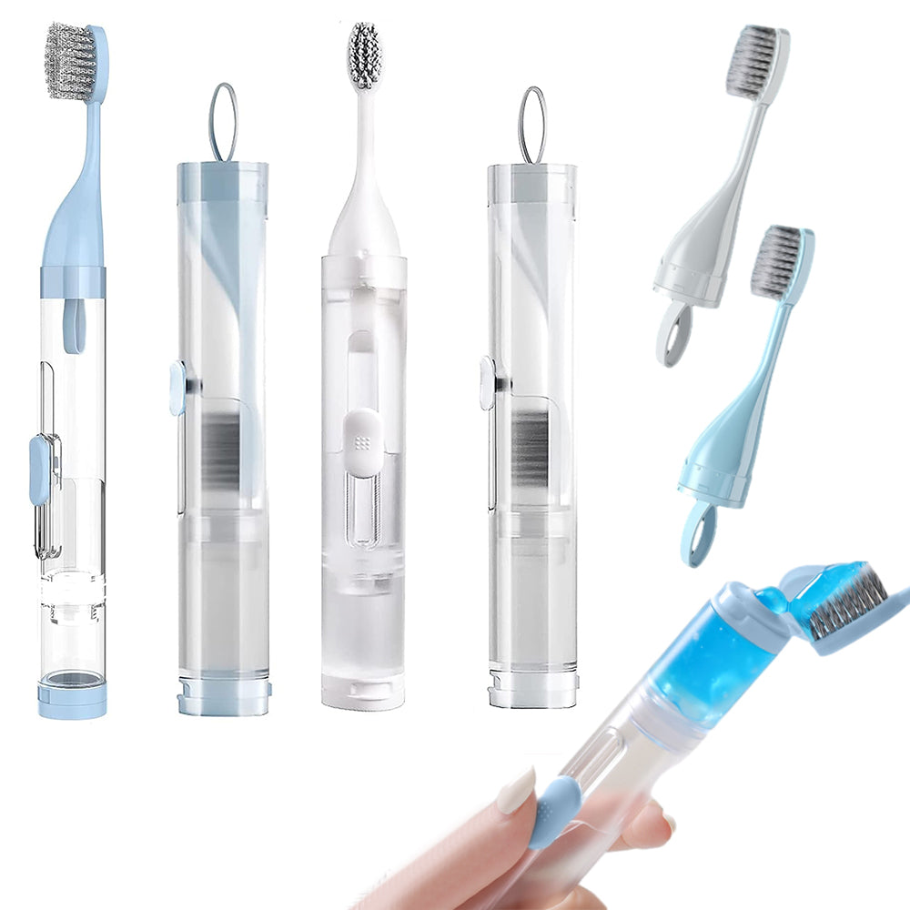2Pcs Toothbrushes Kit Fold Travel Size Built-in Travel Toothpaste Container