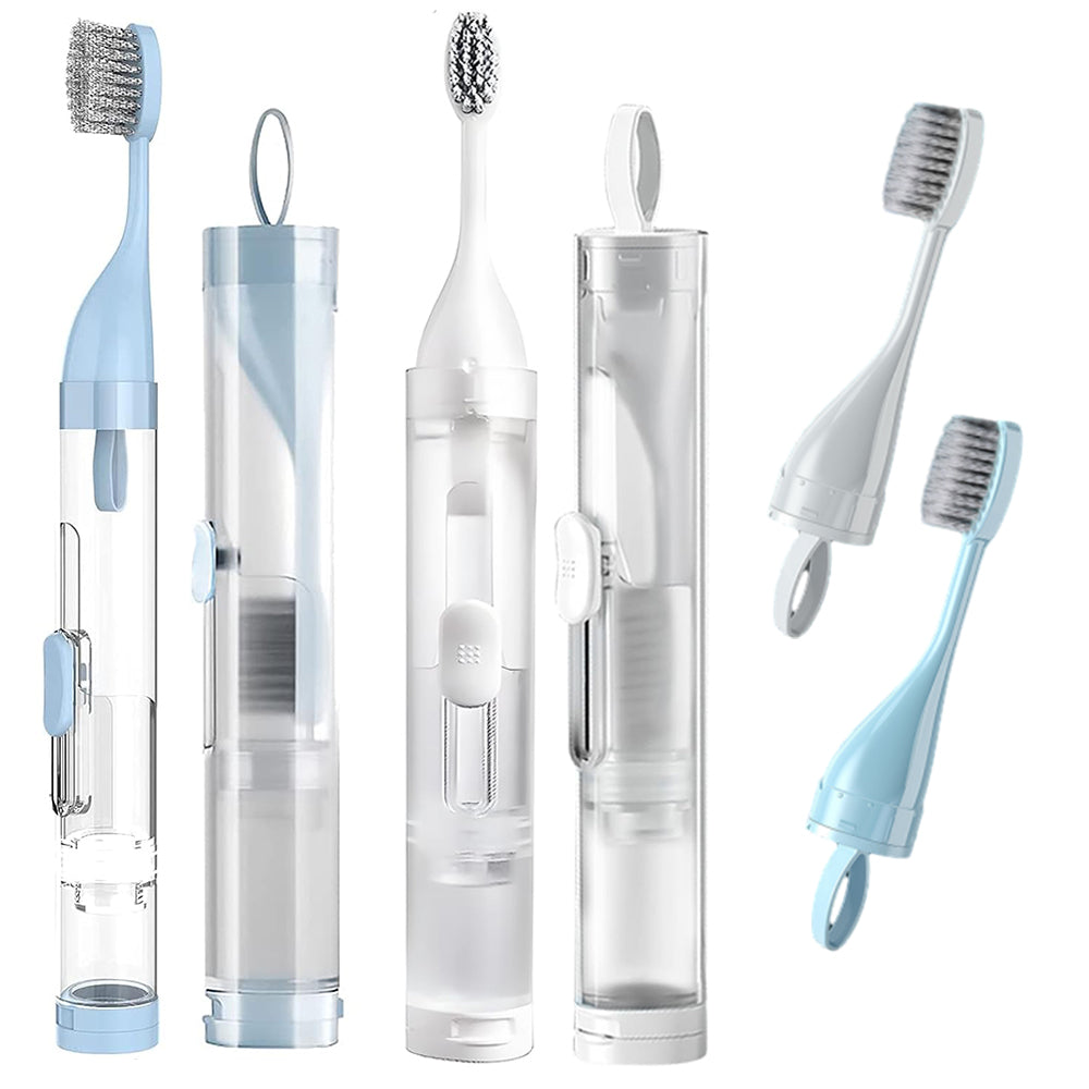 2Pcs Toothbrushes Kit Fold Travel Size Built-in Travel Toothpaste Container