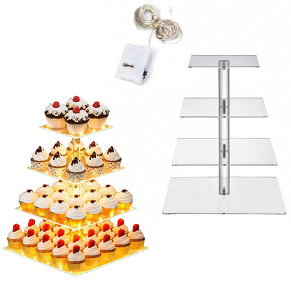 4-Tier Cupcake Acrylic Stand Dessert Display Rack with LED Light for Birthday Weddings Parties Events