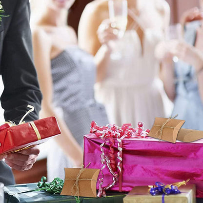 50 Piece Kraft Paper Pillow Gift Boxes with Ribbons - Brown