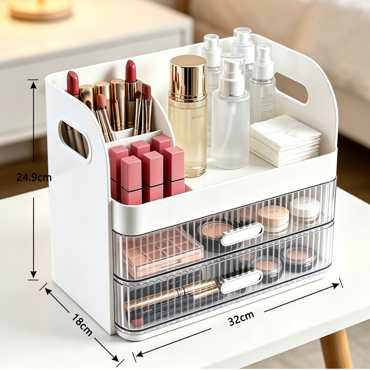 Makeup Organiser with 2 Drawers Cosmetic Storage Box Multi-Section Makeup Skincare Storage Box
