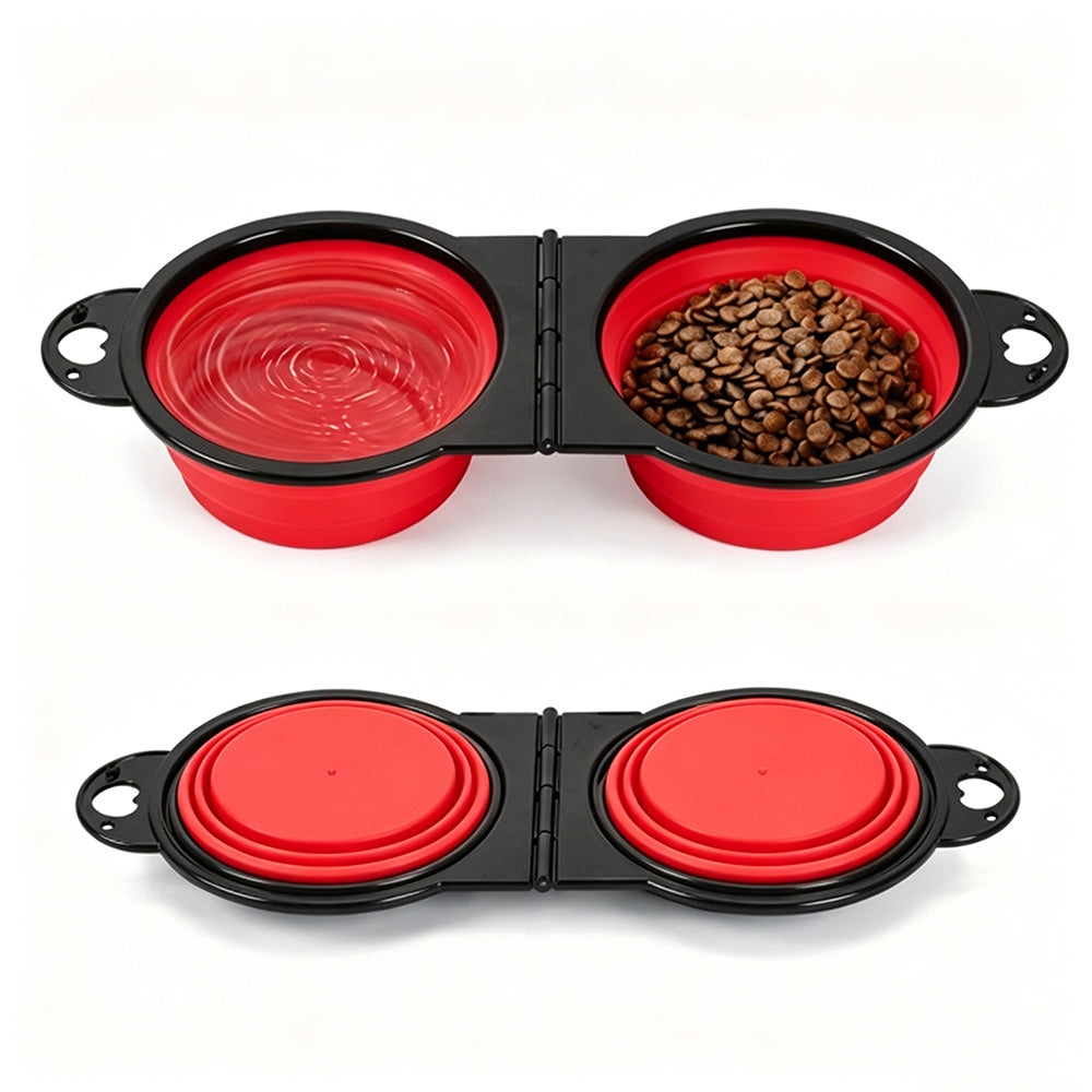 Portable Foldable Dual Pet Bowls for Cats Dogs Outdoor Home Use - Red