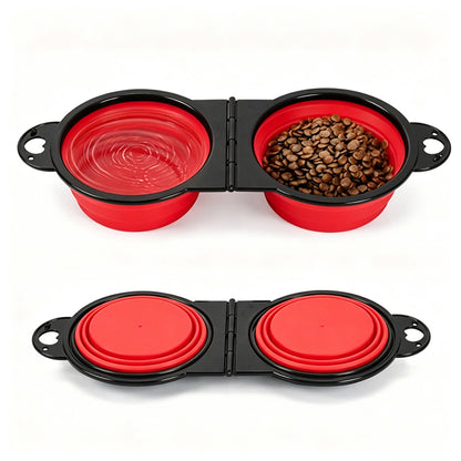 Portable Foldable Dual Pet Bowls for Cats Dogs Outdoor Home Use - Red