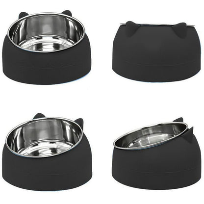 400ml Stainless Steel Tilted Pet Bowl Non-Slip Raised Feeder for Cats and Dogs-Black