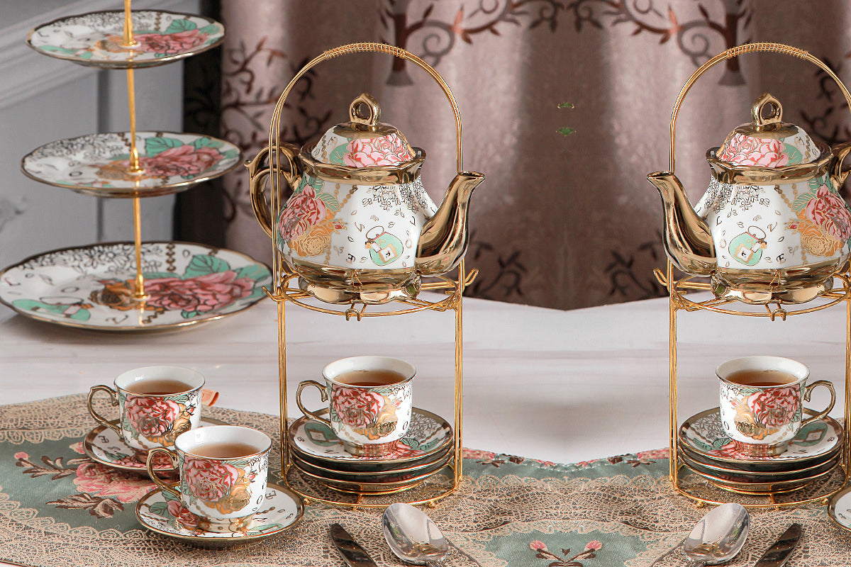 20Pcs Ceramic Tea Sets for Tea Party Porcelain Tea Set With Metal Holder and Teapot