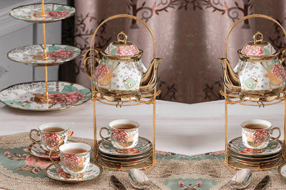 20Pcs Ceramic Tea Sets for Tea Party Porcelain Tea Set With Metal Holder and Teapot
