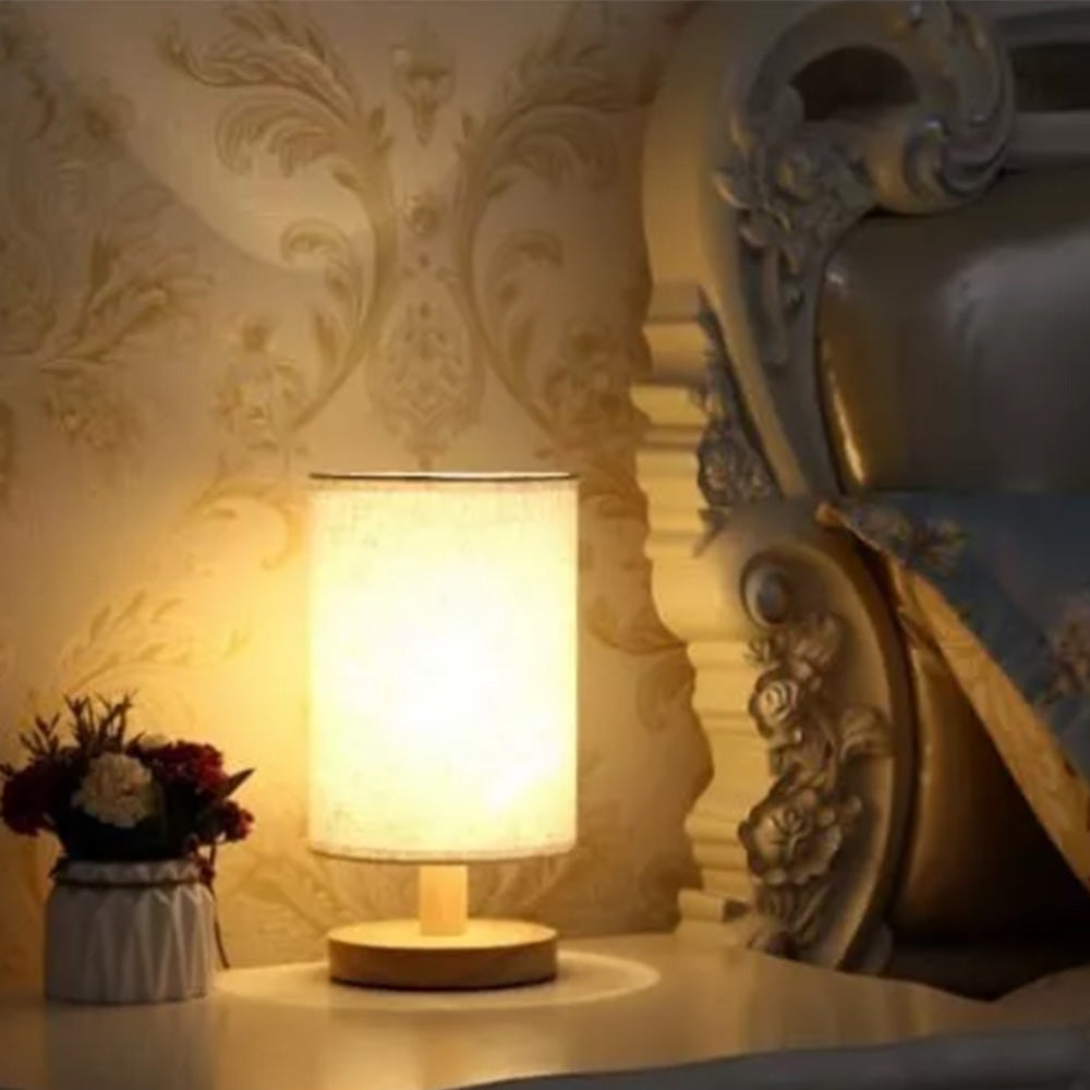 USB Powered Small Bedside Night Light Minimalist Table Lamp with Round Fabric Shade for Bedroom College Dorm White