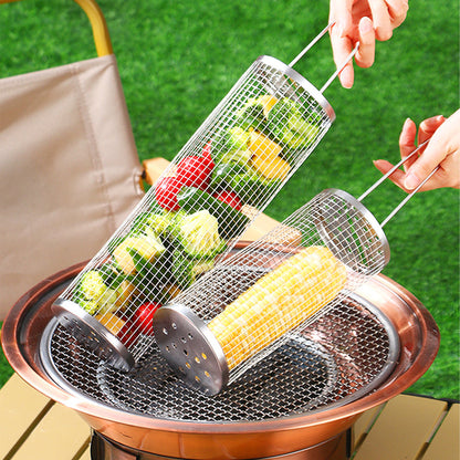 2 Pieces Rolling Grill Basket Locking Lid Stainless Steel BBQ Cage