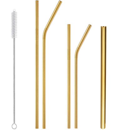 17Pcs Reusable Stainless Steel Straws Set with Cleaning Brushes and Pouch-Gold