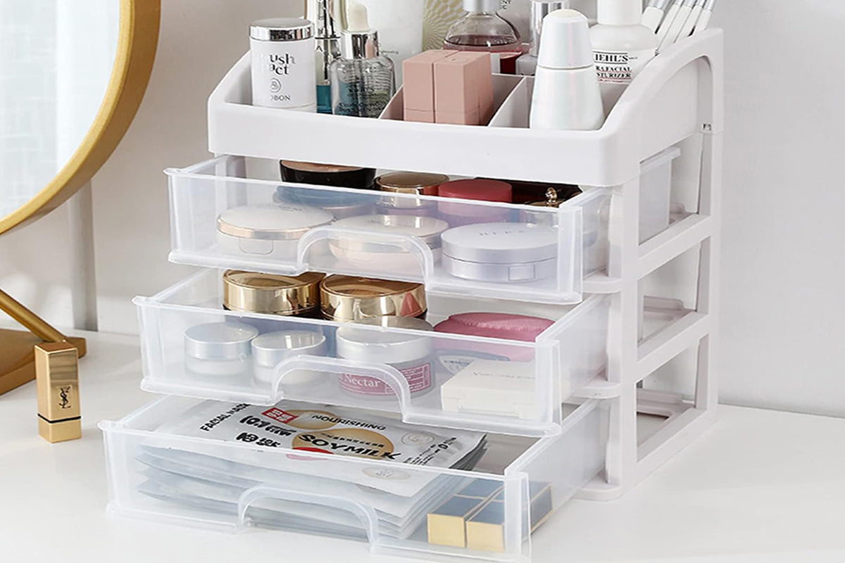 2Pcs Clear 3 Tiers Drawers Countertop Storage Box Cosmetic Display Case