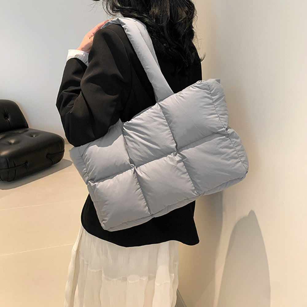 Puffer Tote Bag Large Quilted Puffy Handbag Lightweight Satchel Purse Grey