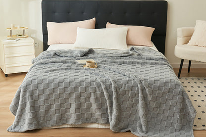 Soft Fleece Throw Blanket Checkered Jacquard Throw Blanket for Couch Bed-Grey