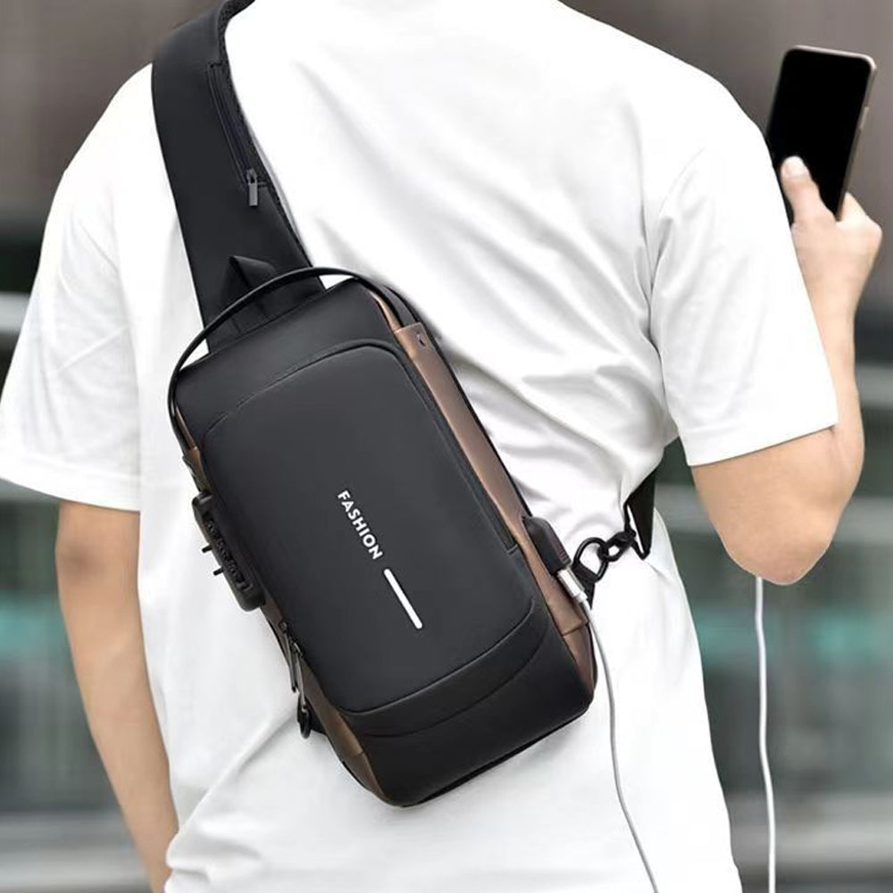 Anti theft Crossbody Sling Bag with USB Port Water-Resistant Sport Chest Bag Shoulder Bag Brown
