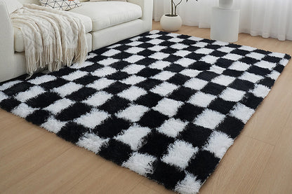 Checkered Plush Shaggy Rug Non Slip Carpet - Black