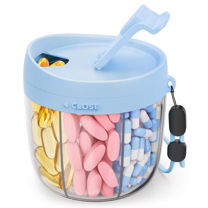 7-Compartment Pill Organizer Bottle with Handle & Rotating Lid for Travel Blue